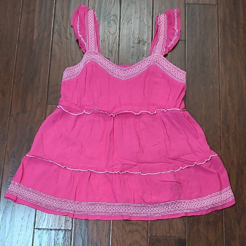 Torrid Hot Pink Sleeveless Top with White Embroidered Trim & Smocked Back size 2